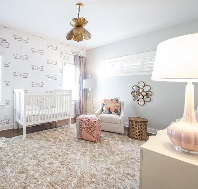 Pink and Gray Nursery with Gold Lotus Flower Chandelier .