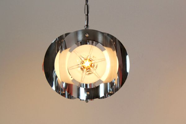Vintage Geometric Chrome and Frosted Glass Chandelier by A.V. .