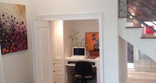 White Computer Desk in Small Home Office Design under Stairs .