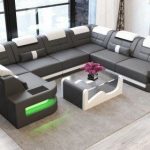 Leather Sectional Sofa Denver U-Shape with LED - grey-white .