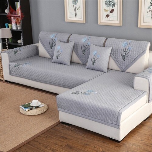 Elegant floral embroidery grey blue cotton quilted sectional sofa .