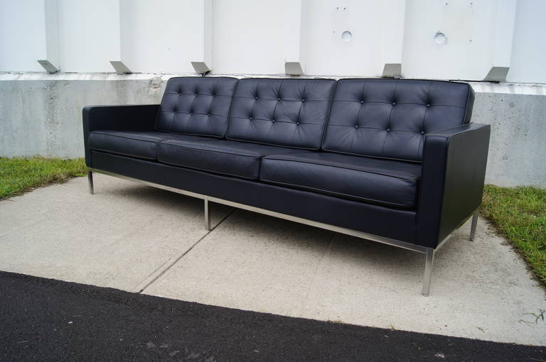 Deep Blue Leather Sofa by Florence Knoll at 1stDi