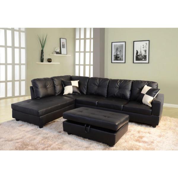 Star Home Living Black Faux Leather 3-Seater Left-Facing Chaise .