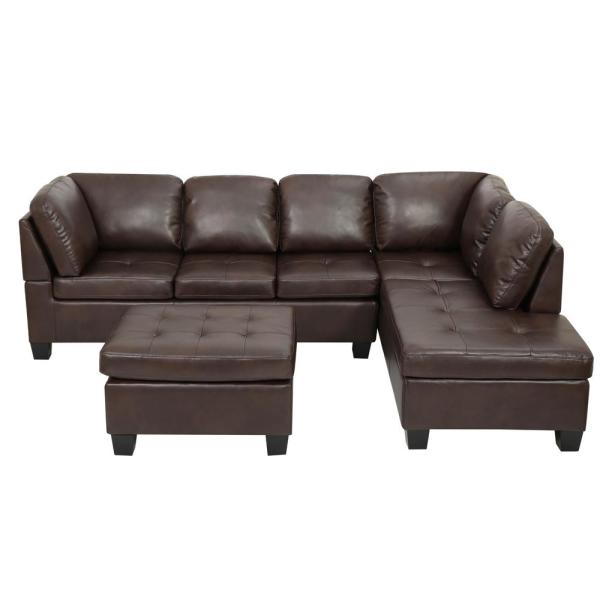 Noble House 3-Piece Brown PU Leather 4-Seater L-Shaped Sectional .