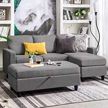 Amazon.com: HONBAY Grey Sectional Couch with Ottoman L Shaped Sofa .