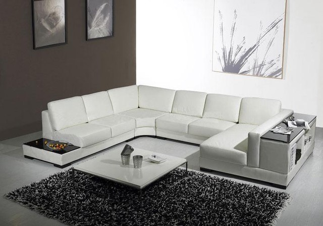 White Leather U Shaped Sectional Sofa with Storage - Modern .