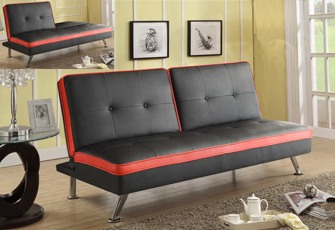 Red Trim on Black Faux Leather Adjustable Futon So