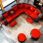 Airy Red and Black Ottoman Living Room | Red leather sofa .