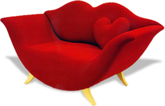 Furniture Photograph: Red Sofa With Lips Shape And Love Cushions .