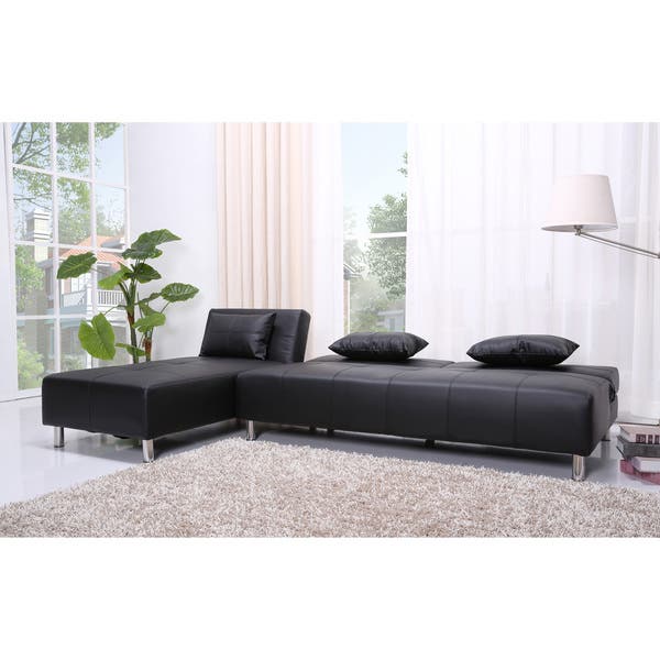 Shop Atlanta Black Faux Leather Convertible Sectional Sofa Bed .