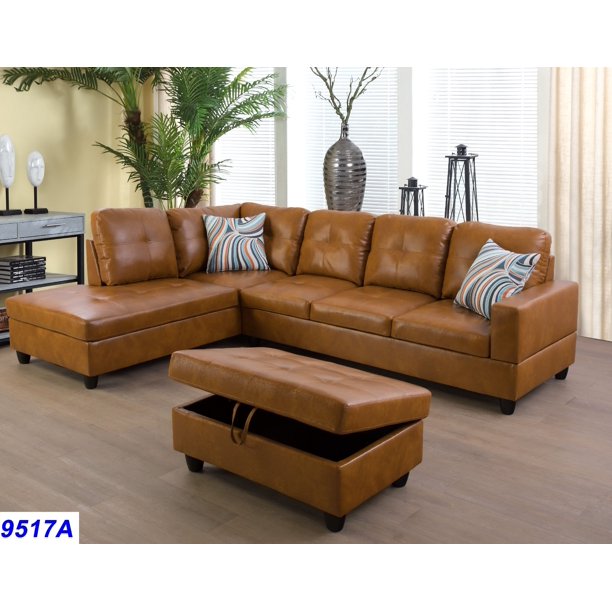 Wellington Ginger Faux Leather Sectional Sofa with Ottoman .