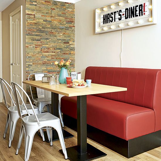 Retro Diner Sign Red Sofa Wooden Table Metal Post Metal Chairs .