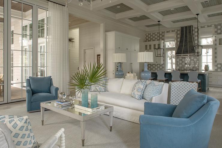 White Sofa with Blue Velvet Swivel Chairs - Cottage - Living Ro