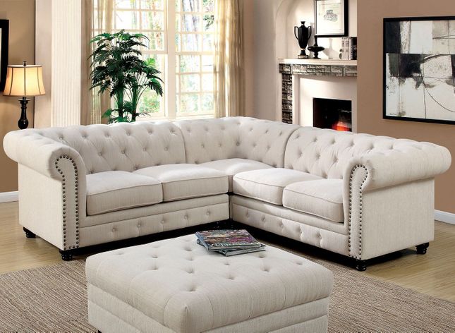 Stanford II Traditional Button Tufted Sectional Sofa in Ivory .