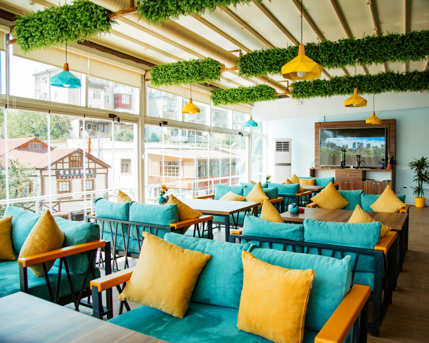 Download this Free Photo | Cafe terrace with turquoise sofas and .