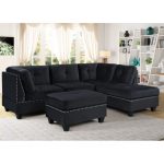 Seres Sectional Sofa Upholstered in Black Velvet With Free Ottoman .