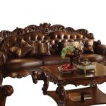 Vendome Victorian Oversized Brown Faux Leather Sofa With Wood Accen