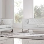 Modern White Leatherette 2 Piece Easton Sofa Set with Stainless .