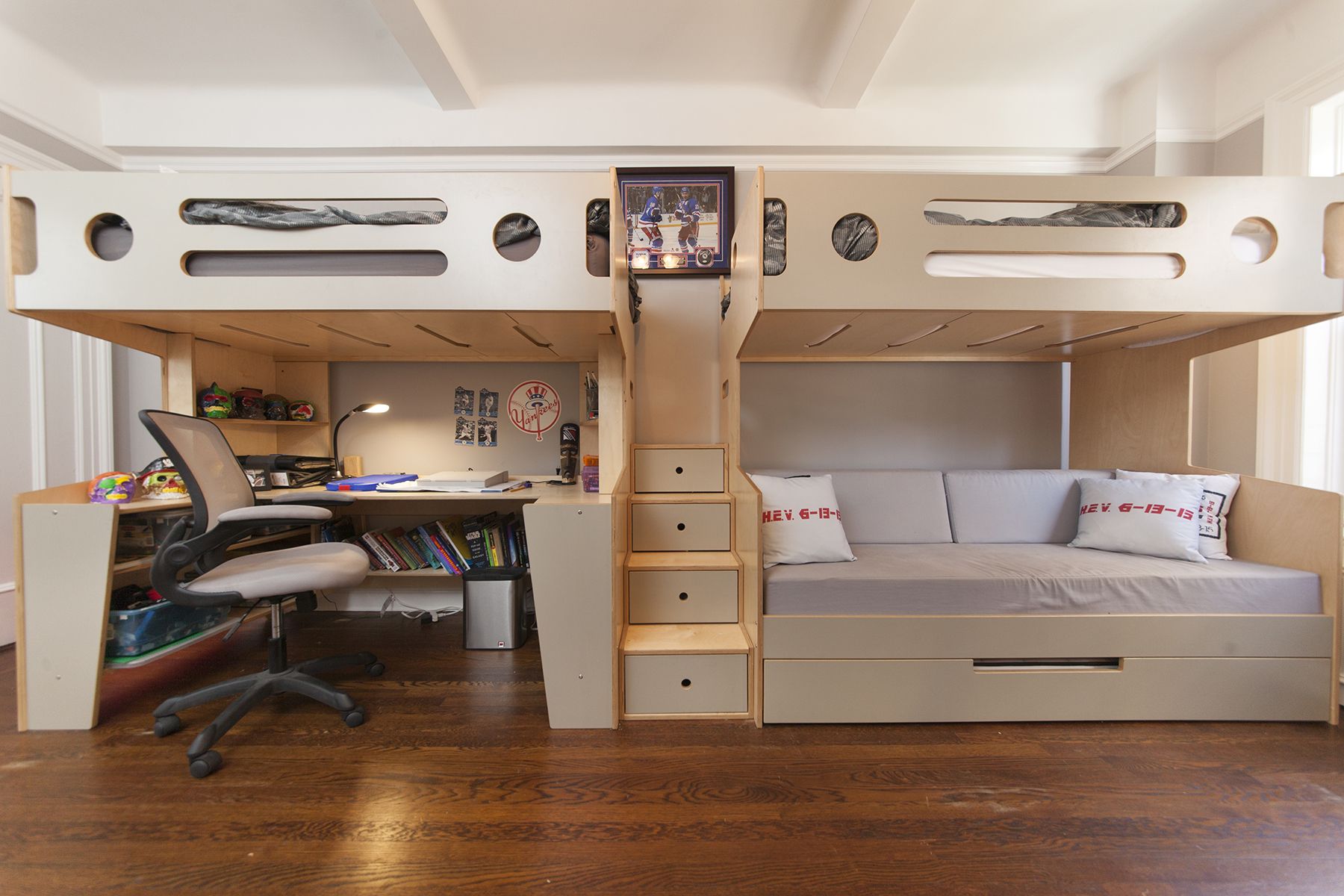 bunk beds with stairs and desk