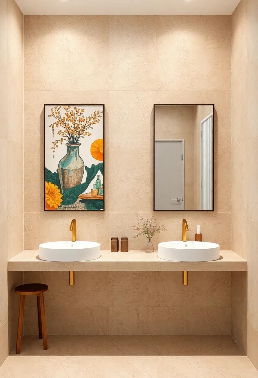 Artistic Elements: Use beige tiles as a canvas for artistic elements, such as colorful artwork or bold mirrors, to enhance your design narrative