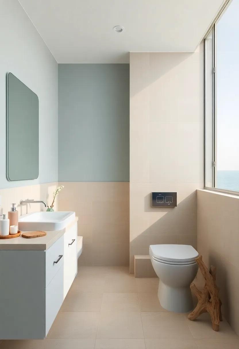 Coastal Retreat: Emphasize the beachy vibe by combining beige tiles with soft blues and driftwood accents for a serene coastal atmosphere