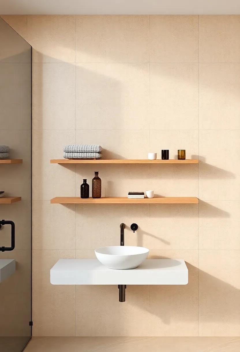 Floating Shelves: Introduce floating shelves in soft wood tones above beige tiles to showcase decorative items while keeping the space airy
