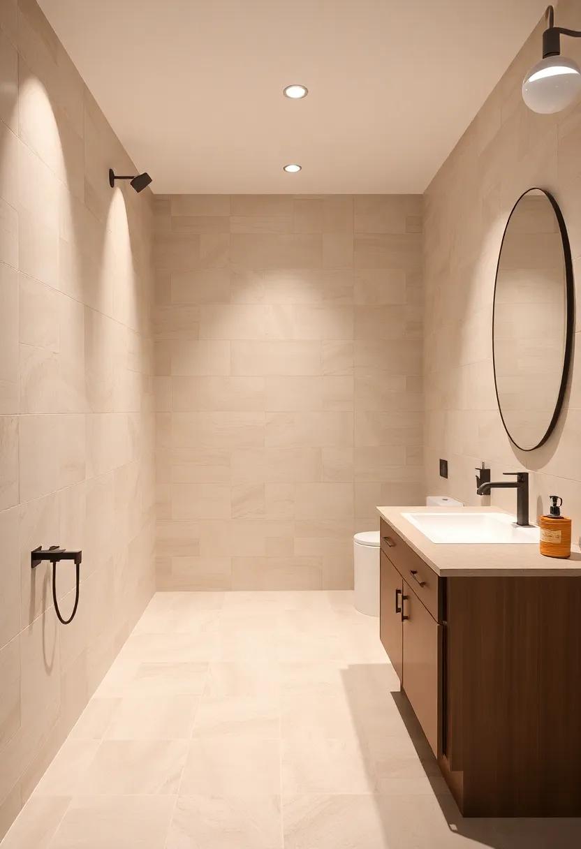 Layered Lighting: Highlight your beige tiles with layered lighting, from sconces to recessed lights, making each tile shine at different angles