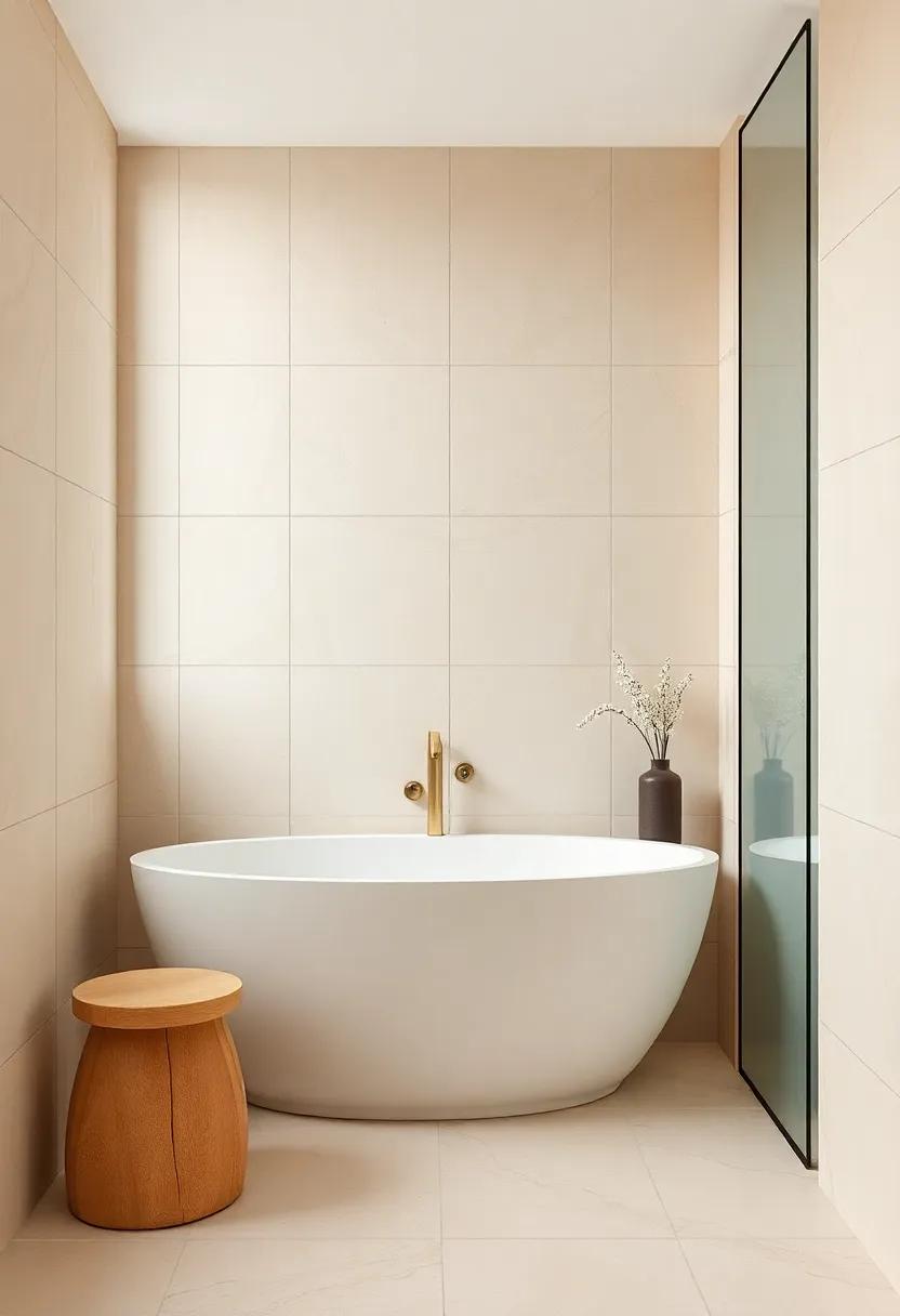 Minimalist Mastery: Explore the beauty of big beige tiles that create a seamless flow in your bathroom, emphasizing simplicity and elegance