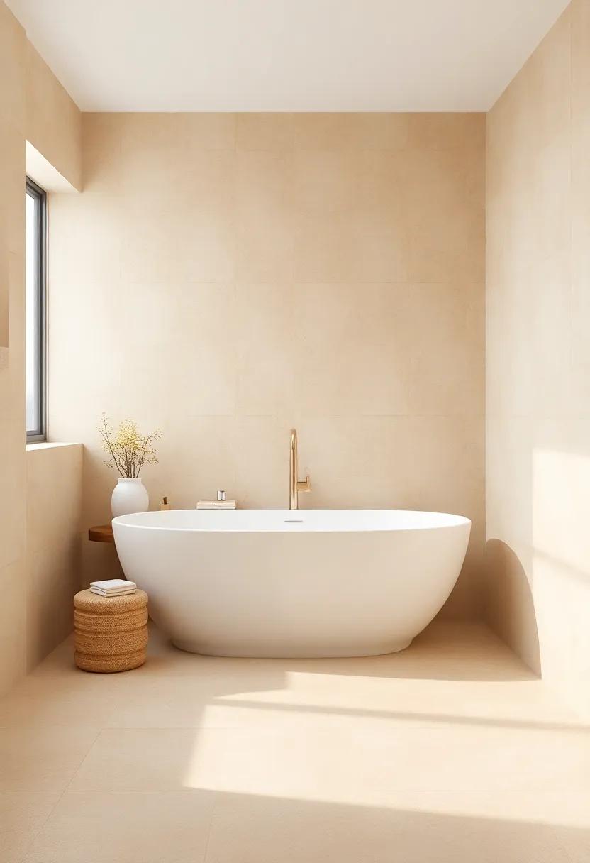 Open Concept serenity: Extend beige tiles throughout adjacent rooms for a cohesive open concept look that promotes continuity and serenity