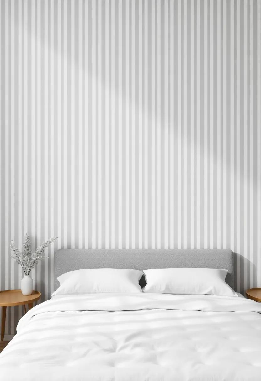 Embrace Elegance: A soft gray and ⁤white‌ vertical striped wall creates a serene ‍backdrop, perfect ⁤for⁤ minimalist decor and tranquility