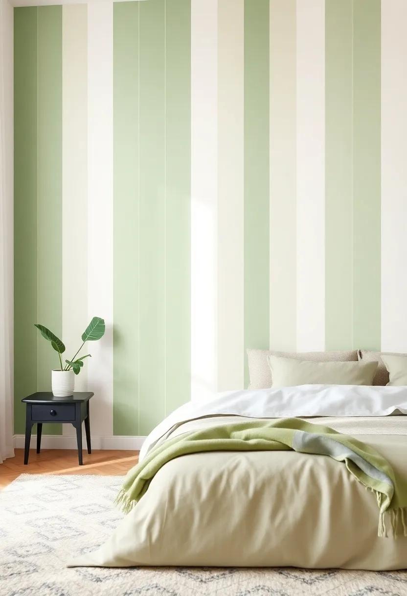 Nature's⁣ Influence: A muted green and white striped ⁢wall mimics ‌nature’s colors, bringing a refreshing ⁢and ‌calming atmosphere indoors