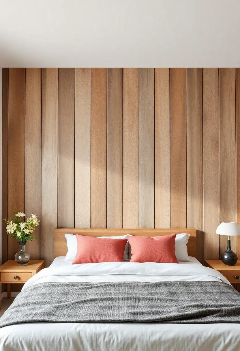 Rustic Charm: Weathered wood panels arranged‌ in a striped pattern add a touch of warmth and character to a cozy bedroom