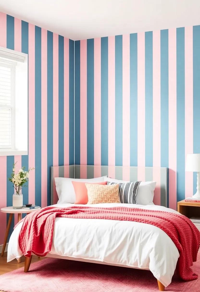 Whimsical Wonder:⁣ Brightly colored stripes in playful patterns transform a bedroom into a dreamy‍ retreat full of personality