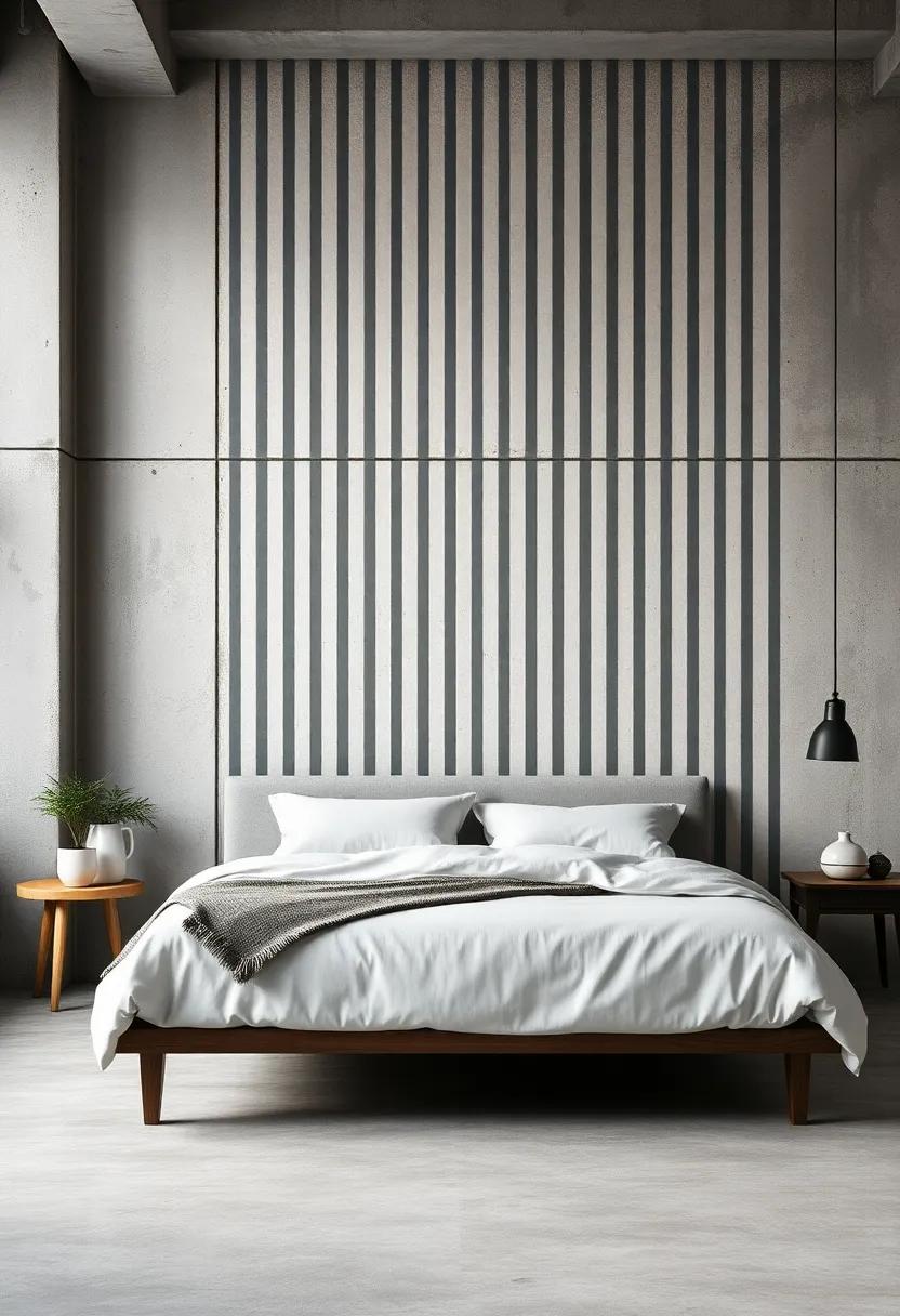 Industrial⁣ Inspiration: Raw concrete walls⁣ paired with subtle striped murals ​give an edgy, urban feel to modern industrial spaces