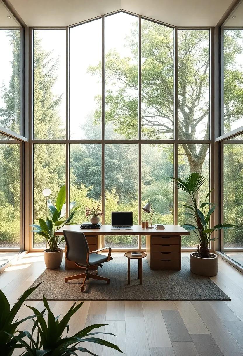 A spacious home office with floor-to-ceiling windows that invite ample natural light while offering breathtaking views of a lush garden, creating a harmonious connection between the indoor and outdoor spaces