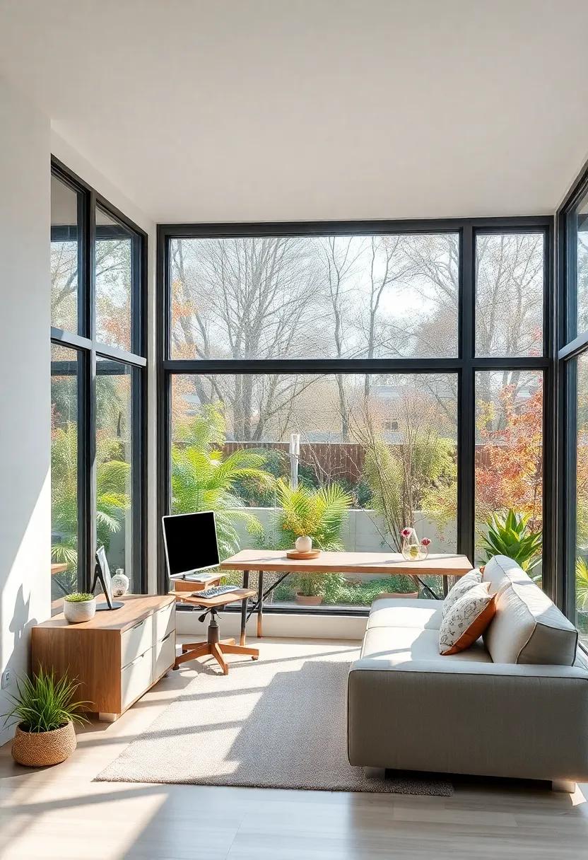 an inviting home office with large glass windows that connect to a modest garden, emphasizing the beauty of seasonal changes while inviting the calming presence of natural light