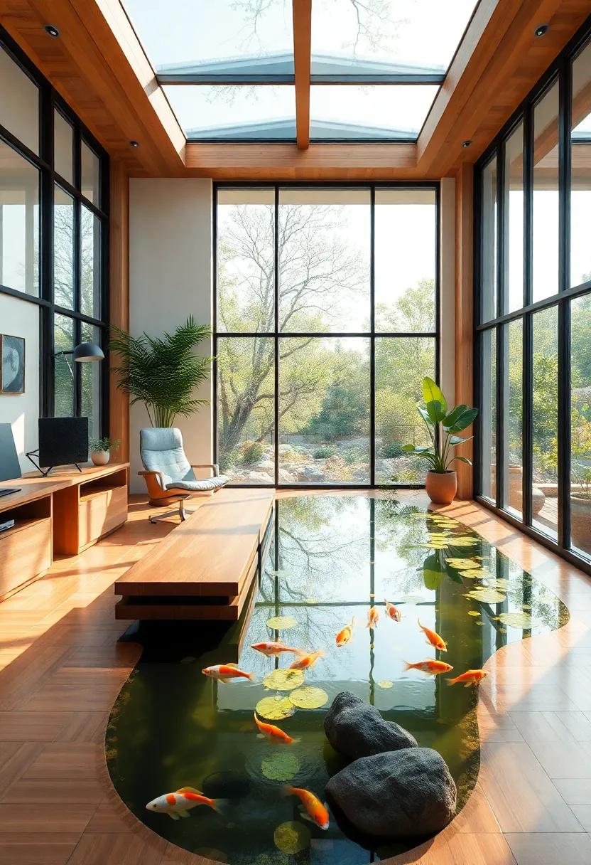 An artistic workspace with large skylights and windows that flood the area with daylight, surrounded by potted plants, creating a vibrant yet peaceful atmosphere that invigorates the mind
