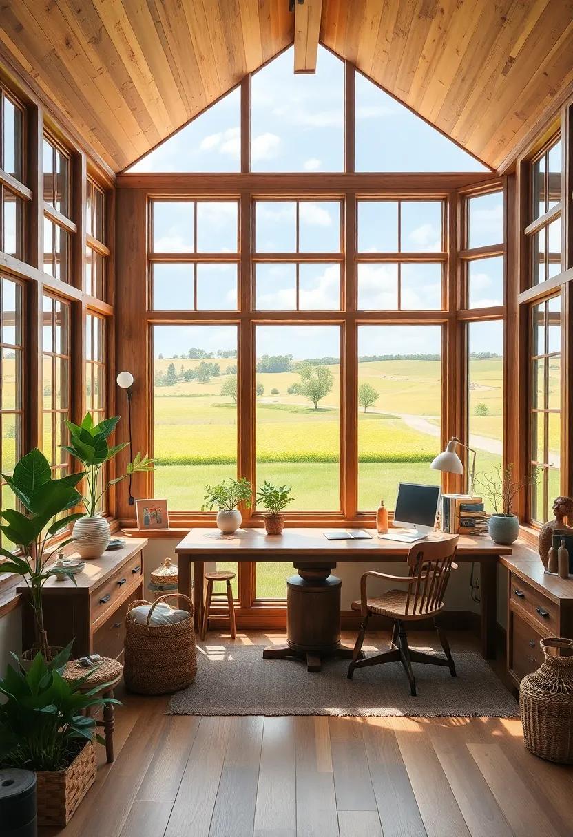 A chic city studio featuring a wall of glass that offers panoramic city views, paired with strategically placed greenery that softens the urban environment and brings an organic feel to the space