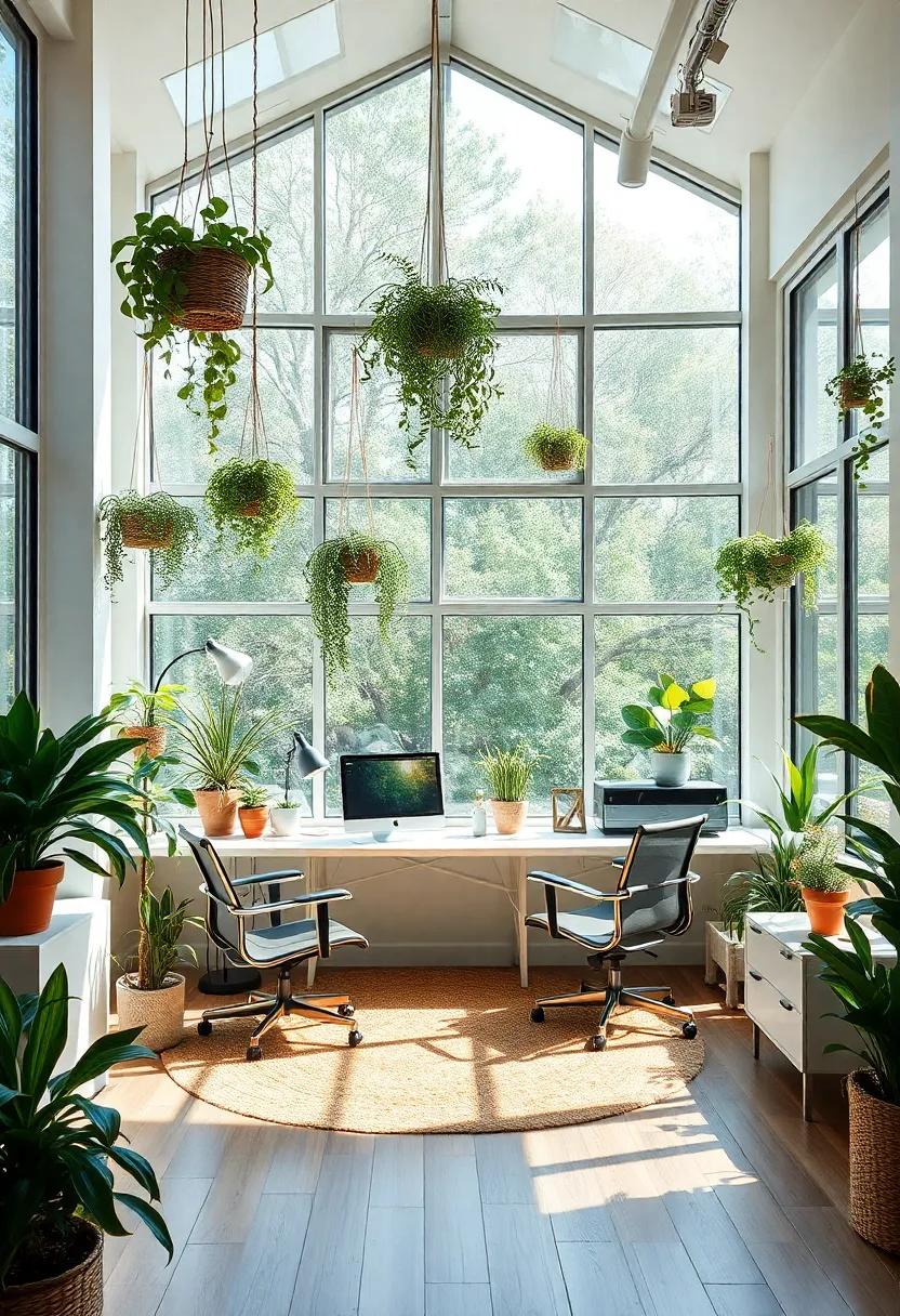 An eclectic workspace with oversized windows that bathe the room in sunlight, adorned with hanging plants and nature-inspired decor, encouraging a unique blend of creativity and comfort