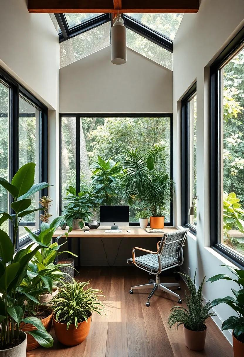 A contemporary office design showcasing a corner with large windows, surrounded by native plants that promote biophilia and provide a vibrant interface between work and the environment
