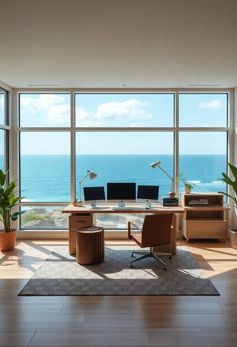 A contemporary workspace with large panoramic windows that highlight coastal views, creating a breezy atmosphere where creativity flows as freely as the ocean beyond