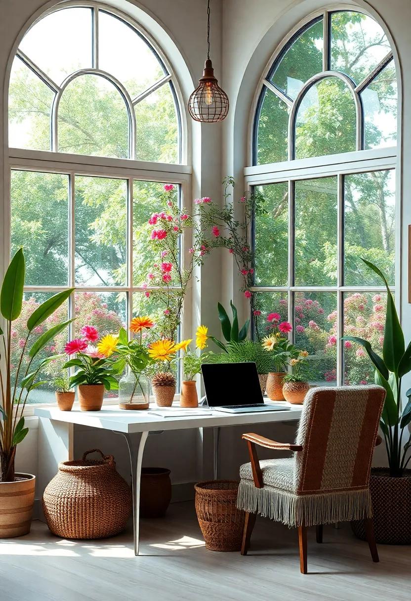 A bohemian-inspired workspace adorned with large, arched windows that frame colorful blooms, where eclectic decor meets nature to create an imaginative and free-spirited working environment