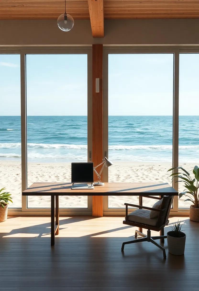 A coastal home office with large,sliding glass doors that open to a sandy beach view,where the sound of waves provides a soothing soundtrack,perfectly marrying work and relaxation