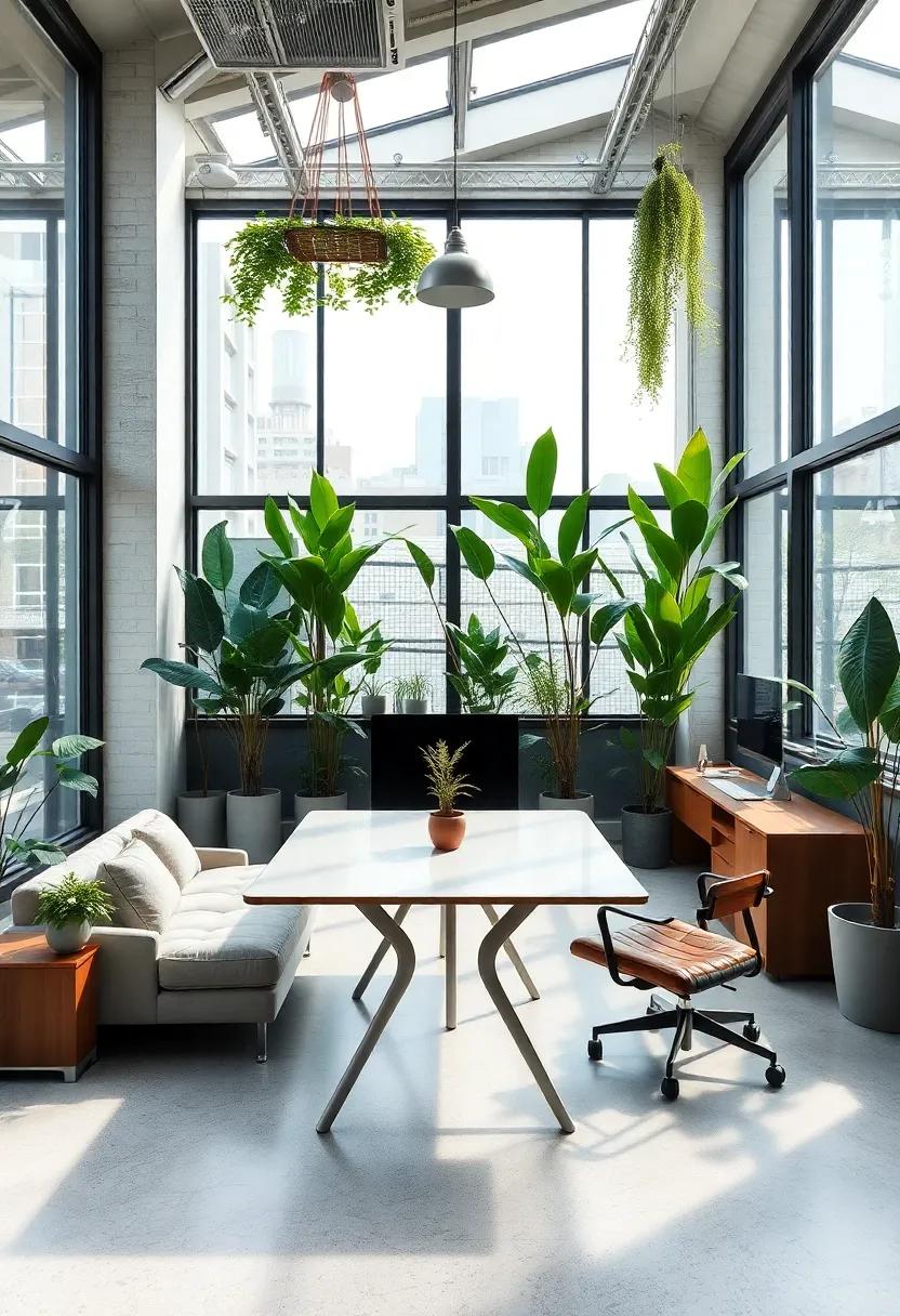 An industrial-style office with expansive windows that showcase urban greenery,combining modern design with lush plants that add a touch of biophilic charm and enhance creativity