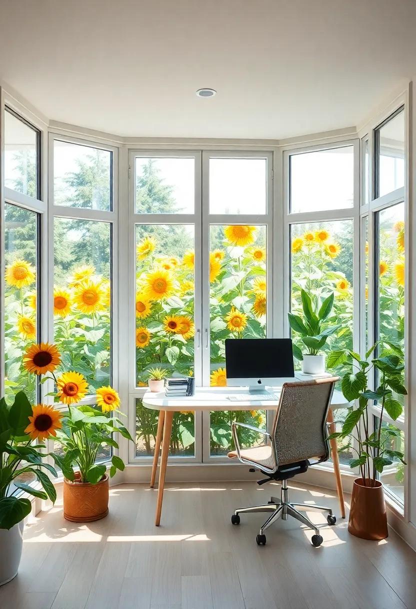 A stylish office nook with floor-to-ceiling windows that frame a garden full of sunflowers, flooding the room with natural light and vibrant color, stimulating positivity and motivation