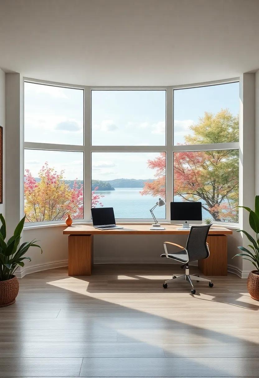 A modern design with large bay windows that overlook a serene lake, splashed with vibrant colors from seasonal blooms, enhancing creativity and providing a calming backdrop for work