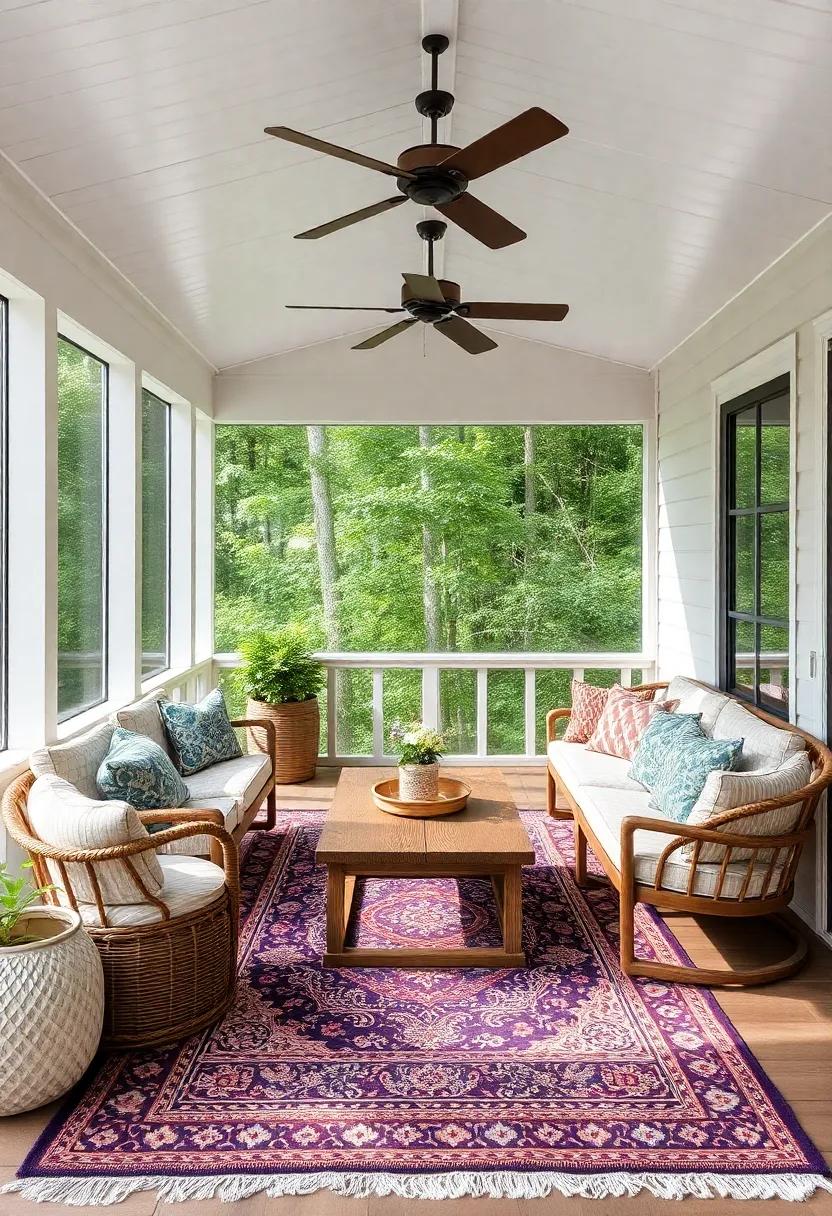 Boho Chic: Elevate your screened porch with chic textiles, intricate rugs, and stylish furniture that embodies bohemian aesthetics while remaining perfectly functional
