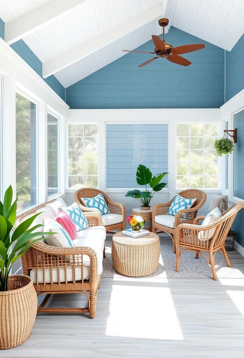 Coastal Vibes: Capture the essence of seaside living with soft blues,whites,and textured fabrics reminiscent of the ocean,complete with wicker furniture and nautical decor