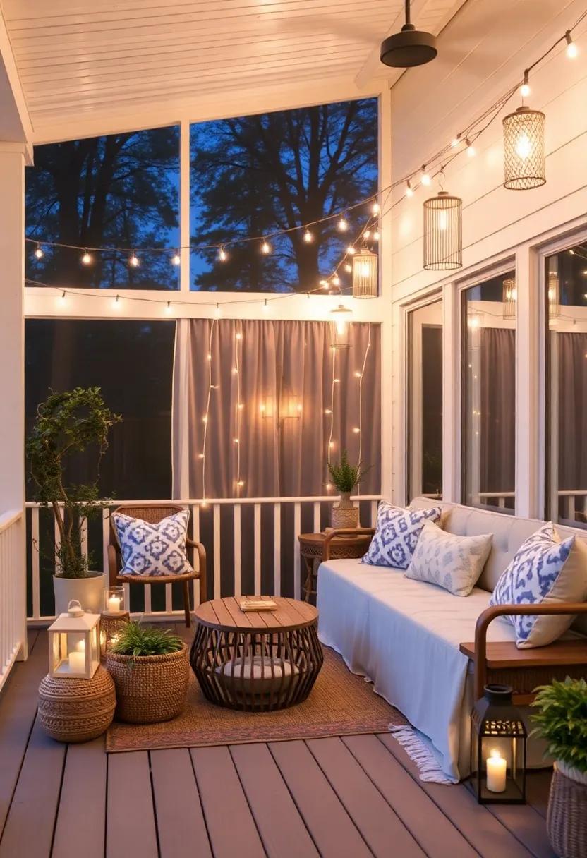 Dreamy Nights: Create a magical vibe with string lights, lanterns, and soft bedding to turn your screened porch into a whimsical retreat perfect for stargazing and evening relaxation