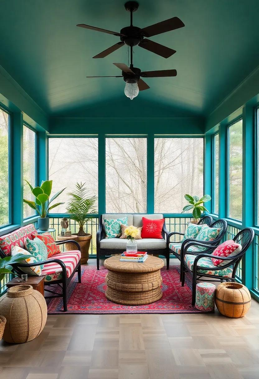 Eclectic Mix: Get adventurous with an assortment of bold hues, varied patterns, and mismatched furniture for a spirited boho porch that tells a story and invites creativity